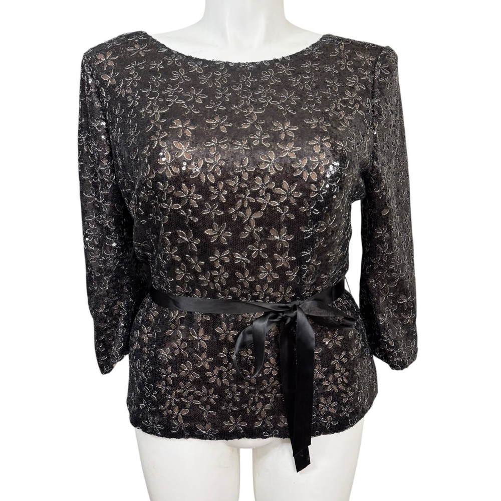 Alex Evenings XL Black Sequin Floral Lace Top Vintage Y2K Cocktail Blouse